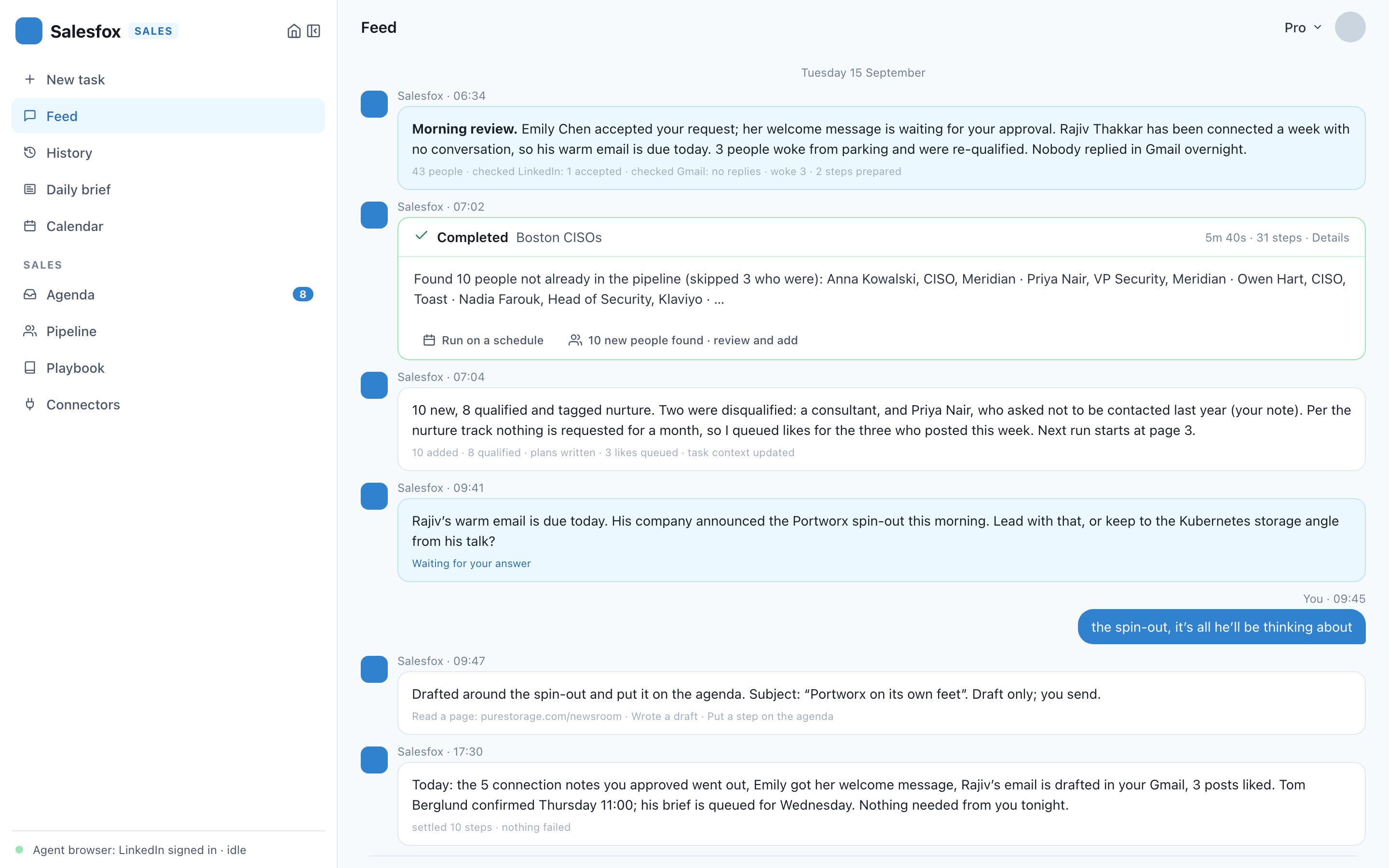 The feed: a research run that found ten people, and the agent's review of them